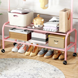 Perchero Metálico Rosa Moderno con Ruedas, Estante de Almacenamiento de Dos Niveles para Sala de Estar, Tipo Multifuncional - Product Image 6