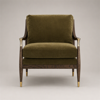 Fauteuil en velours vert olive de style moderne du milieu du siècle, avec structure en bois et finitions en laiton, pour salon, chambre ou coin lecture