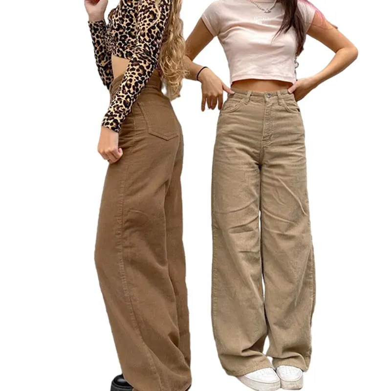 Kadınlar yeni kahverengi polar kadife kore tarzı düz kargo pantolon kadınlar için yüksek bel Streetwear pantolon