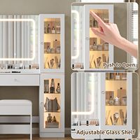 Coiffeuse moderne écologique avec miroir LED, station de charge, 2 armoires, 3 étagères, 6 tiroirs et plateau en verre – Ensemble de maquillage