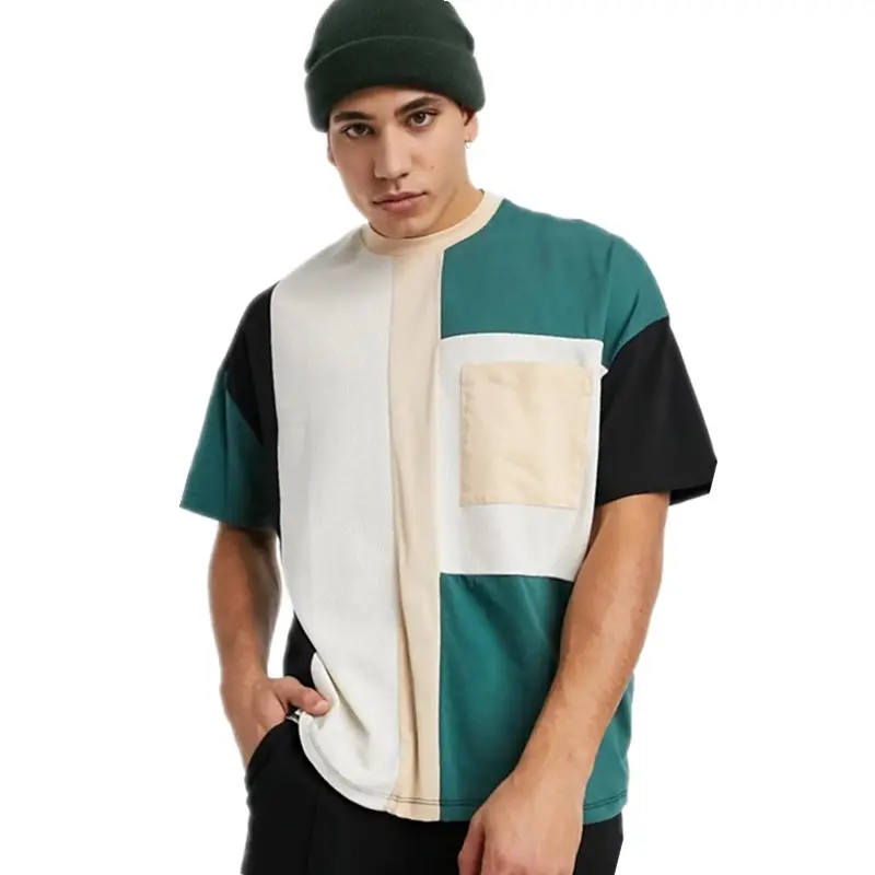 Camiseta de algodão grande, atacado da moda, bloco de cor 100% algodão, masculina