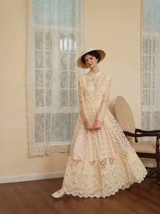 Robe longue à ourlet ample, à col haut, à taille empire, à manches longues, à pois, en dentelle perlée, vintage, faite à la main, antistatique, <span class=keywords><strong>Victoria</strong></span> - Product Image 2