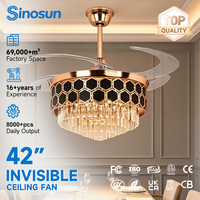 Ventilateur de plafond LED invisible en cristal avec télécommande, moteur DC silencieux, 42 pouces, pour maison et hôtel, style moderne et luxueux, le plus populaire (OEM/ODM)