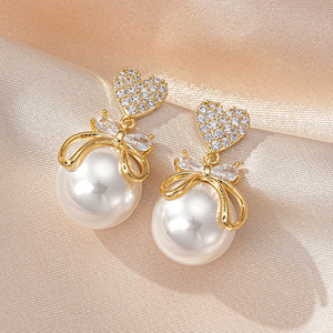 SENYU moda 15mm imitación bola redonda perla pendientes pavimentado Zirconia cúbica moda Rosa corazón Bowknot diseño boda joyería - Product Image 3