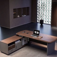 Meubles de bureau commerciaux modernes, prix de gros, bureau de direction en forme de L en bois brun avec éclairage LED, tiroirs et armoires, Chine