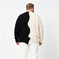 Pull en tricot asymétrique surdimensionné noir et blanc avec col rond et fourrure artificielle pour homme – Collection Automne-Hiver