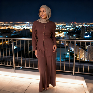 Oem ODM 2025 Dubai Thổ Nhĩ Kỳ khiêm tốn hai-mảnh thiết lập màu sắc rắn buttoned abaya và ăn mặc linen và cotton cho mùa hè mùa thu mùa - Product Image 1