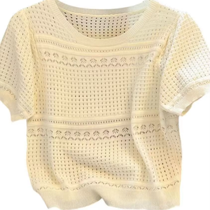 Nouvelle Arrivée 2025 – <span class=keywords><strong>Pull</strong></span> Tricoté en Soie Glacée pour <span class=keywords><strong>Femme</strong></span>, Blanc, Col Vintage, Manches Courtes Creuses, Fin, pour l'Été - Product Image 2