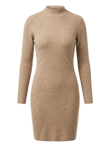 Ribbed Knit Mock Neck Simple Solid Long Sleeve Bodycon Midi <b>Dress</b> for Autumn Office Wear - Product Image 2
