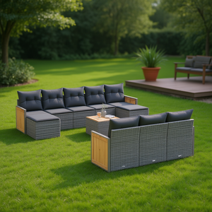 Ensemble de canapés de jardin modulaires en polyrotin gris 6 places, mobilier d'extérieur au design contemporain avec structure en teck - Product Image 2