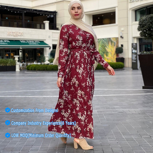 Abbigliamento etnico islamico preghiera elegante O collo bottone frontale stampa floreale pieghettato Chiffon abito Abaya musulmano Dubai <span class=keywords><strong>turchia</strong></span> Ramadan - Product Image 1