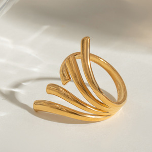 Geometric Wave <b>Open</b> <b>Ring</b> 18k Gold Plated Stainless Steel Unisex Fashion Jewelry Gift - Product Image 2
