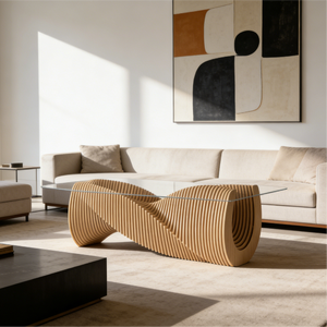 โต๊ะอาหารไม้หรูหราทันสมัยรุ่น ML-CF08 พร้อมท็อปกระจกนิรภัยดีไซน์โค้ง สำหรับใช้ในบ้าน โรงแรม และพื้นที่สาธารณะ - Product Image 1