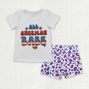 Vêtements pour bébés filles, ensemble t-shirt à manches courtes imprimé et short en jean, tenue du 4 juillet, vente en gros - Product Image 6
