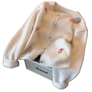 Cardigan en tricot brodé blanc cassé pour femme, motif mignon, en coton, pour l'automne et l'hiver - Product Image 2