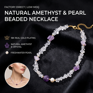 Collier en <span class=keywords><strong>perles</strong></span> de quartz améthyste naturel et de quartz clair, <span class=keywords><strong>perles</strong></span> d'eau douce, plaqué or 18 carats pour femme CL26-145 - Product Image 1
