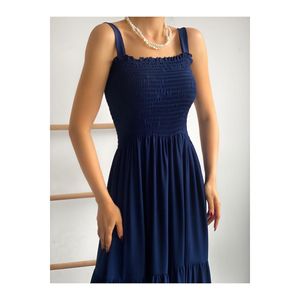 Navy Blue Strappy Layered <b>Dress</b> <b>Elastic</b> Waist Spaghetti Strap Ruffles Breathable Daily Wear Women Casual Long Maxi <b>Dress</b> - Product Image 4