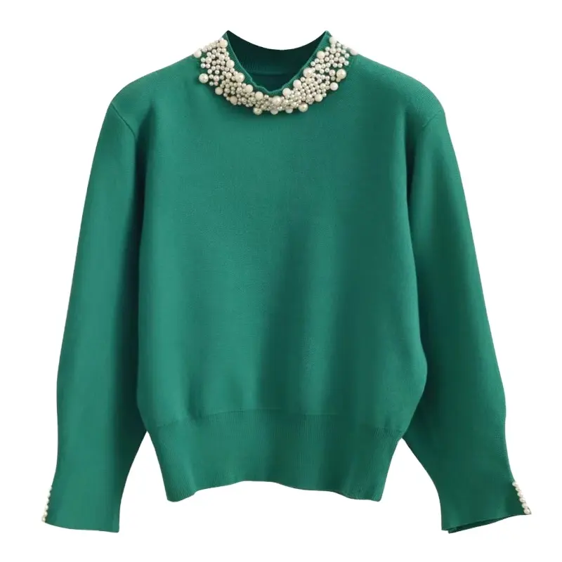 pull femme 2021custom french fashion sweater women pearl knitted green crew neck sweaters for women