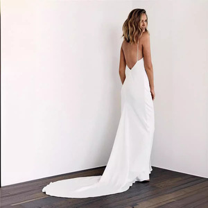 <b>Spaghetti</b> <b>Strap</b> V Neck Backless Sheath Wedding Dress White Crepe Fishtail Long Gown For Women - Product Image 2