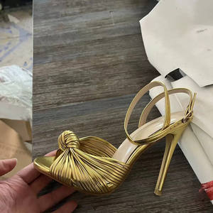 Sandalias elegantes de verano de tacón alto para fiesta dorada, zapatos de tiras <span class=keywords><strong>anudadas</strong></span> para mujer, zapatos de tacón con correa en el <span class=keywords><strong>tobillo</strong></span> de cuero PU para mujer, talla grande - Product Image 6