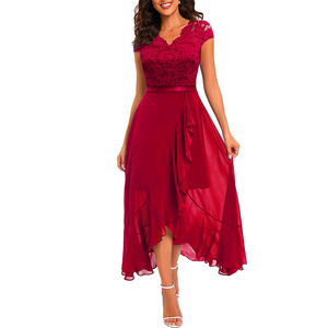 Vestidos al por mayor <span class=keywords><strong>para</strong></span> mujer: <span class=keywords><strong>Vestido</strong></span> <span class=keywords><strong>de</strong></span> fiesta <span class=keywords><strong>de</strong></span> moda con encaje <span class=keywords><strong>de</strong></span> gasa, cuello en V, manga corta y malla superpuesta hasta el tobillo - Product Image 2