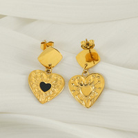 Boucles d'oreilles pendantes Cœur Noir en Acier Inoxydable 304 Plaqué Or 18K par Galvanoplastie Sous Vide, Gravées Étoile et Rayons, Bijoux de 29 mm pour Cadeaux Féminins