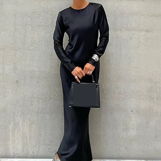 Enyami Neueste Trendy Produkt Classic Office Freizeit Basic Satin O-Ausschnitt Schwarz Elegant Casual Schwarz Maxi kleider Frauen