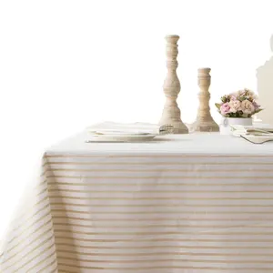 Flecken resistente Deluxe Stripy Gold 100% Baumwolle Rechteck Stickerei Runde Tischdecke Tischdecke für Hochzeits veranstaltungen Dining Hotel