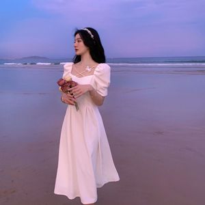 French Style Square Neck White Dress Women 2025 Summer Puff Sleeve Mid Length Elegant Beachwear - Product Image 2