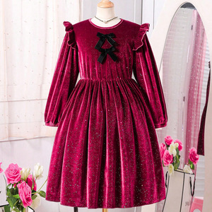 Ingrosso abito da ragazza autunno alla moda a maniche lunghe in velluto dorato con collo a o collo solido con fiocco rosso <span class=keywords><strong>abbigliamento</strong></span> da bambina - Product Image 1