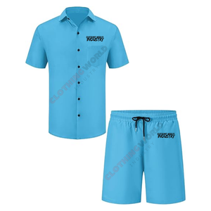 Casual wear customized logo <b>design</b> outfit summer set Customized <b>design</b> sky blue color shirt and short set - Product Image 2