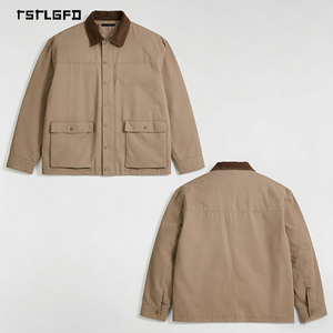 <b>Men</b> Khaki Utility Zip <b>Jacket</b> With Corduroy Collar Multi Pocket Workwear Coat Casual Vintage Outerwear For Autumn Winter Season - Product Image 2