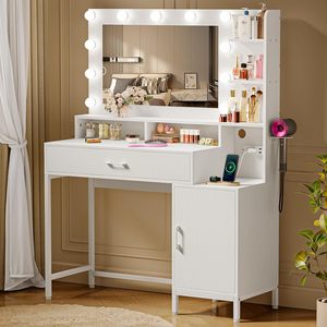 SENYU Coiffeuse Moderne Blanche avec Miroir LED et Tiroir de Rangement 39,4x55 Pouces pour Chambre à Coucher - Product Image 1