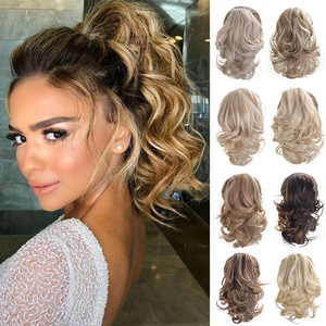 Extensions de cheveux synthétiques de queue de cheval bouclée courte pour femmes queue de cheval noire faux postiche griffe Clip-In Styles de vague droite bâton - Product Image 2