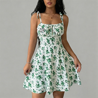 Robe Courte Femme Personnalisée à Imprimé Floral, Bretelles Fines, Épaules Nouées, Buste Froncé, Taille Haute, Coupe Évasée, Extensible, Décontractée, pour l'Été et la Plage
