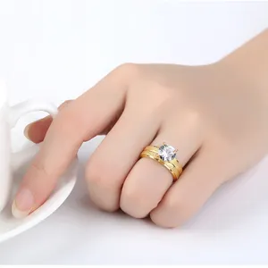 Classic Big Cz Womens Jewelry 18k Gold Plated Sand-blasting Stainless Steel Couples Wedding Rings Couple Set