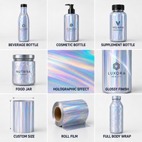 Étiquettes thermorétractables holographiques personnalisées, étanches, pour bouteilles, film d'étiquetage complet pour emballage personnalisé, impression de logo OEM