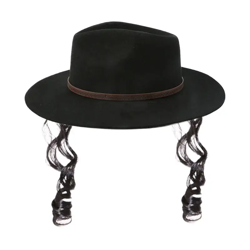 Chapeaux Fedora en feutre de laine australienne noirs à large bord personnalisés Rabbin juif déguisement chapeau noir orthodoxe favoris bouclés avec cheveux