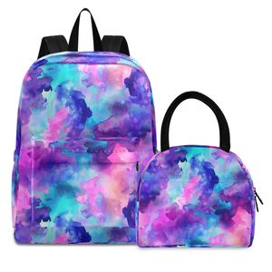Colorful Purple Watercolor Custom Print Logo 2-Piece Children's Schoolbag Student Girl Boy <b>Backpack</b> Set With Lunch Box - Product Image 1