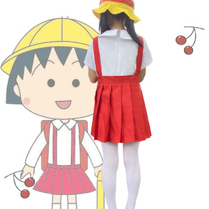 Costume de cosplay Chibi Maruko Chan, jupe rouge, chemise blanche, chapeau jaune, tenue pour enfants de 5 à 7 ans, printemps 2025 - Product Image 5