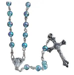 Contas de acrílico azul acabadas por fazer um rosário religioso colar católico rosário