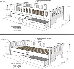 Cama infantil de alta calidad, barrera protectora extraíble blanca con 2 cajones, soporta hasta 150Kg, base de cama con listones sobre ruedas - Product Image 6