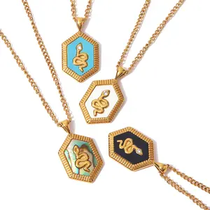 Geometric Hexagon Snake Enameled Cubic Zircon 18K PVD Gold Plated Stainless Steel Pendant Necklace