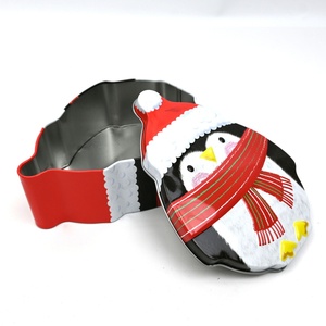 <b>Christmas</b> Penguin Shaped Tinplate <b>Box</b> with UV Coating and Custom Logo Santa Hat Scarf Print Cookie Candy Gift for Xmas Present - Product Image 1