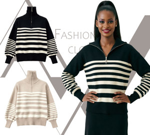 Maglione da <span class=keywords><strong>Donna</strong></span> Lavorato a Maglia con Mezza Zip, <span class=keywords><strong>Collo</strong></span> <span class=keywords><strong>Alto</strong></span>, Nero con Strisce Crema, Spalle Cadenti, Maniche a Palloncino, Pullover Invernale - Product Image 3