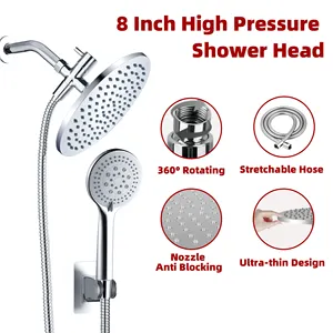 High Pressure 8" Rain Shower Head with Handheld 5 Settings  Long Hose and Brass Diverter