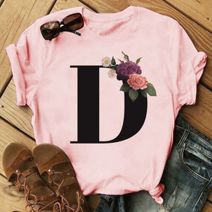 Vente en gros Nouveau T-shirt rose vif Mode Noir <span class=keywords><strong>26</strong></span> Lettres Fleur Imprimer Hommes et Femmes Couple T-shirt Vente en gros - Product Image 2
