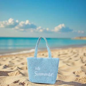Sacs de plage brodés avec la phrase « HELLO SUMMER », sacs de plage à grande capacité, sacs de plage en paille pour les voyages en plein air - Product Image 4