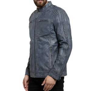 Chaqueta de Motociclista de Cuero Desgastado Azul para Hombre, Chaqueta de Motociclista Vintage con Cierre de Cremallera, Ropa Exterior Informal y Moderna - Product Image 2