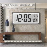 Jam Dinding LCD Digital Minimalis Persegi Plastik, Tampilan Suhu Kelembaban, Bertenaga Baterai, Gaya Jepang Korea Still Life